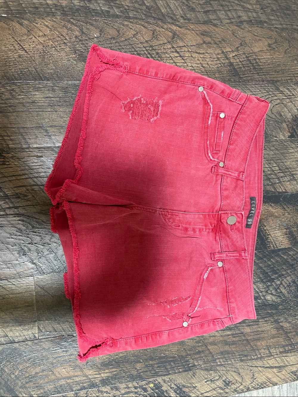 Level 99 Coral-Red Distressed Denim Cutoff Shorts